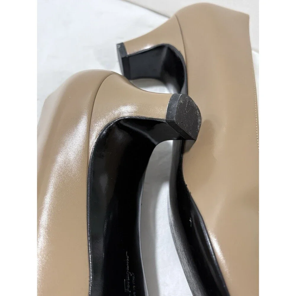 Vintage Salvatore Ferragamo Lizard Cap Toe Kitten Heels Taupe Beige Size 10 4A